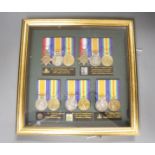 Five WW1 medal groups in one frame.Trio to Sgt Harold Brearley L-28064 RFATrio to 16339 Pte James