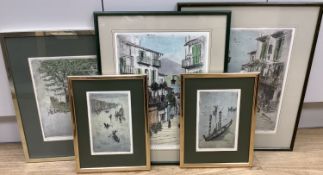 After Michael Blake (1928-2018), five coloured etchings, including Brighton, Venice and Northern