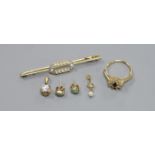An Edwardian 15ct and plat, diamond and seed pearl bar brooch, 62mm gross 3.8 grams and other minor