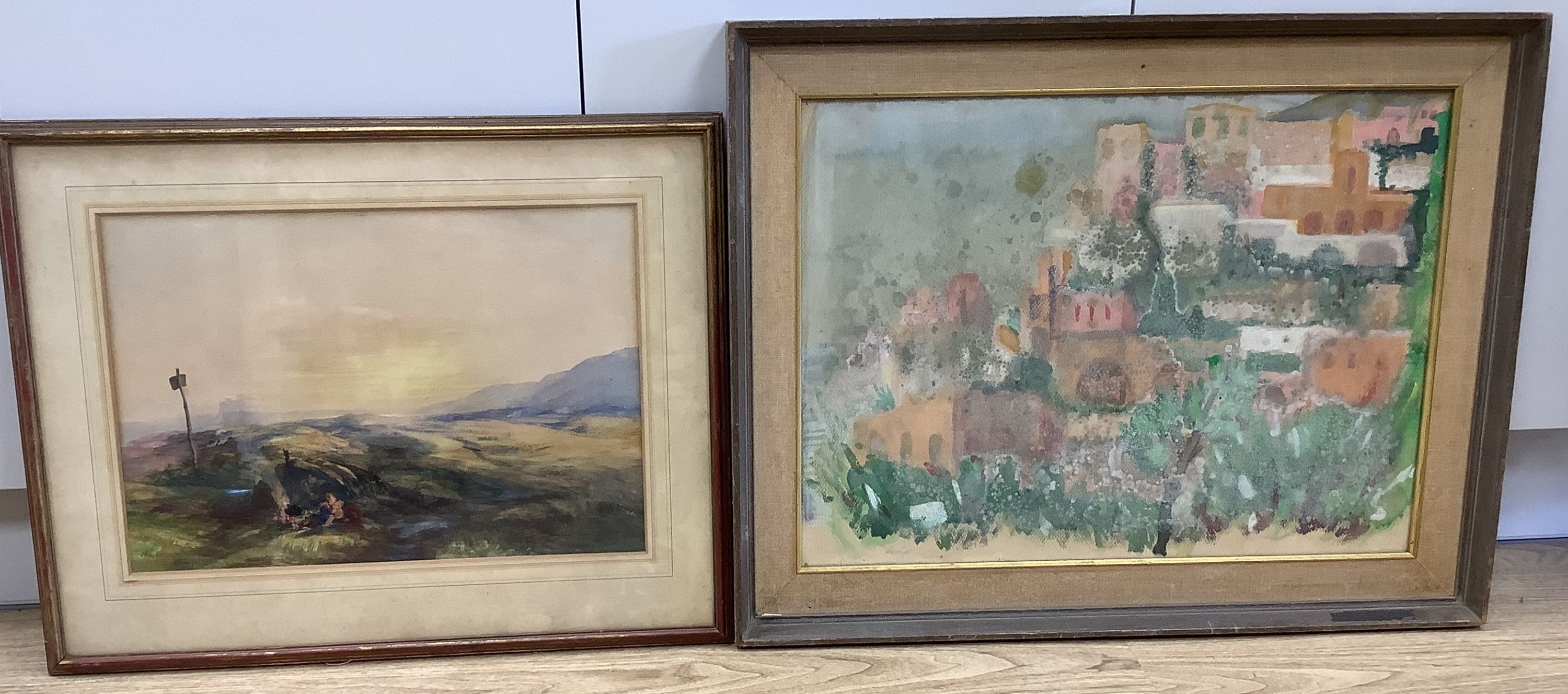 Evelyn Licht, watercolour, Hillside town, signed, 45 x 60cm and a watercolour landscape by H.C.
