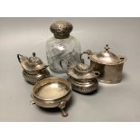 Three assorted silver mustard pots, a silver mounted glass scent bottle and Georgian silver salt.