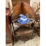 A George III corner washstand, width 62cm, depth 41cm, height 121cm together with a Spode blue and