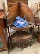 A George III corner washstand, width 62cm, depth 41cm, height 121cm together with a Spode blue and