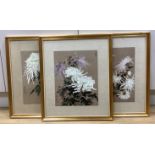 Three Chinese watercolour and gouache studies of flowers and leaves,signed and with red seals,34 x