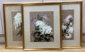 Three Chinese watercolour and gouache studies of flowers and leaves,signed and with red seals,34 x