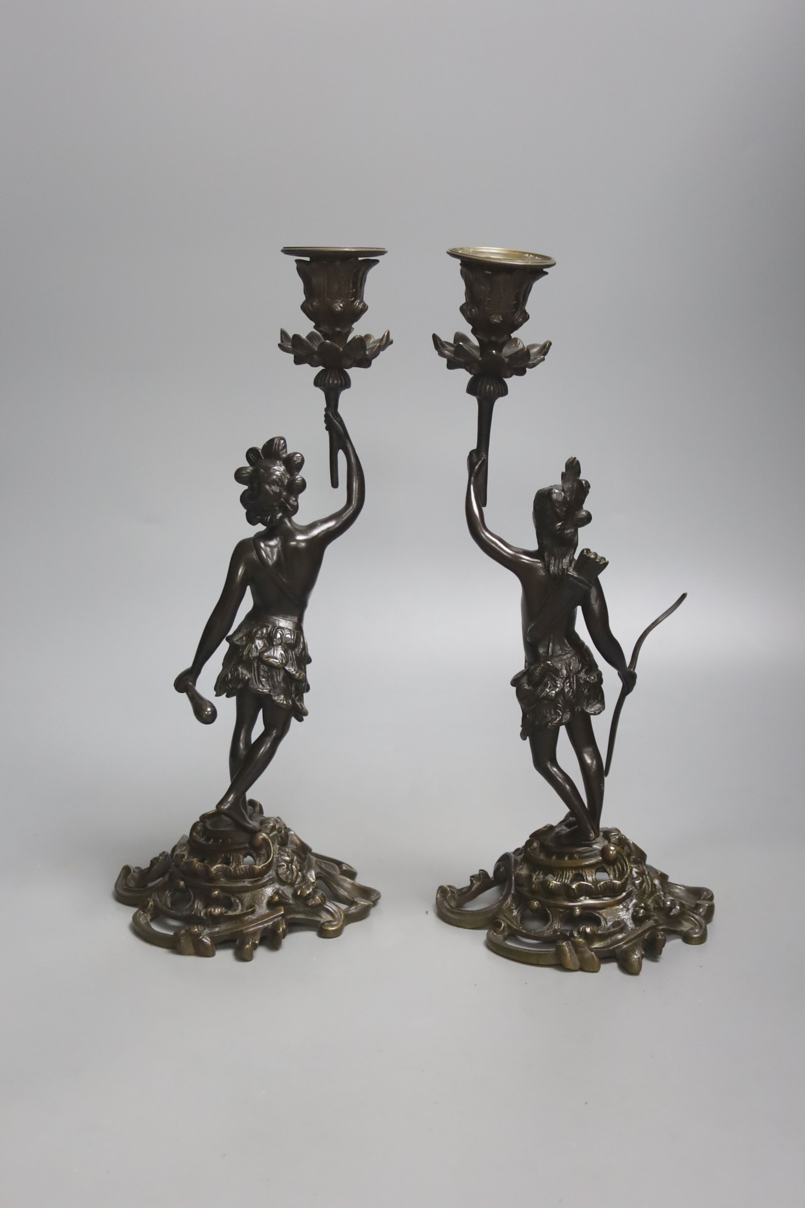 A pair of 19th century French bronze candlesticks, modelled as natives, height 32cm - Image 3 of 3