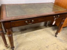A Victorian mahogany two drawer writing table, length 114cm, depth 58cm, height 73cm