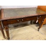 A Victorian mahogany two drawer writing table, length 114cm, depth 58cm, height 73cm