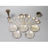Small Chinese white metal items including inset coin dishes, teaspoons, posy vase and napkin ring.
