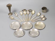 Small Chinese white metal items including inset coin dishes, teaspoons, posy vase and napkin ring.