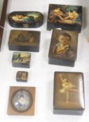 Seven Russian Papier mache boxes, 19th/20th century, large is 16.5 cm wide, with various painted