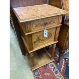 An early 20th century French marble top two tier bedside cabinet, width 42cm, depth 36cm, height