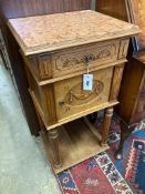 An early 20th century French marble top two tier bedside cabinet, width 42cm, depth 36cm, height
