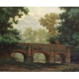 E.J. Humphries, oil on canvas, Horseman crossing a stone bridge, signed, 62.5 x 75cm