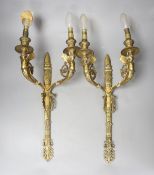 A pair of two branch ormolu wall lights with cherubs, height 42cm