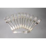 A set of twelve Victorian silver fiddle and thread pattern table forks, Joseph Maudley Jackson,