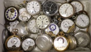 A collection of assorted, mainly base and white metal pocket watches, including Hebdomas, Hamilton