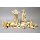 A Japanese Ivory model of a bijin, a similar model of a temple, various European Ivory models of