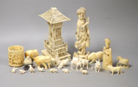 A Japanese Ivory model of a bijin, a similar model of a temple, various European Ivory models of