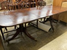 A George IV mahogany twin pedestal dining table, 220cm extended, one spare leaf, width 91cm height