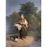 Continental school, 19th century, oil on panel, study of a peasant girl and her dog.41x31cm