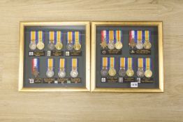 Two framed collections of WW1 medal groupsTrios toCapt Harold E.Jones ASC8877 Pte A Woodcock