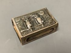 A late Victorian silver matchbox holder, embossed with two owls and inscribed 'Oswald Fitch,