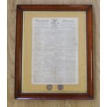 A framed page from Liverpool and Mercury 1817 and two 1817 coins