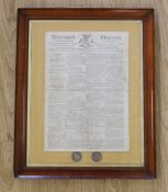 A framed page from Liverpool and Mercury 1817 and two 1817 coins