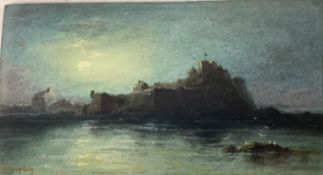 Sarah Louise Kilpack, (1839-1909). Elizabeth Castle, Jersey, in moonlight. Miniature oil on panel,