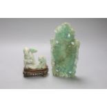 A Chinese jadeite carving of a Luohan and a green quartz vase and cover, 20cm (2)