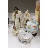 Three Chinese 20th century Shiwan glazed stoneware figures, porcelain boxes and sundries, tallest