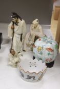 Three Chinese 20th century Shiwan glazed stoneware figures, porcelain boxes and sundries, tallest