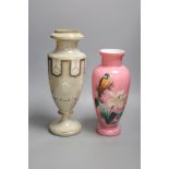 Two 19th century French enamelled glass vases, tallest 38cm