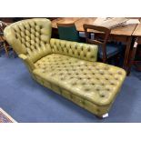 A Victorian style daybed upholstered in buttoned green leather, length 170cm, width 70cm, height