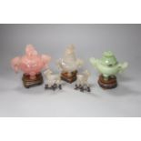 A Chinese rose quartz censer and cover on stand and four other items, including two further