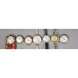 Seven assorted mainly strapless wrist watches, including gold plated and silver cased Longines.