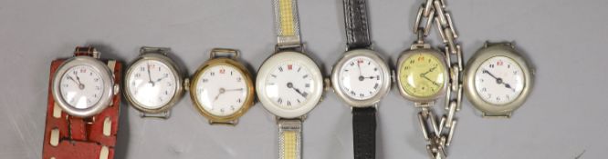 Seven assorted mainly strapless wrist watches, including gold plated and silver cased Longines.