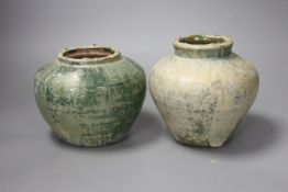 Two Chinese green glazed terracotta vases, Han dynasty (202BC - 220AD), tallest 15cm