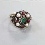 An Arts & Crafts white metal , gem and split pearl set cluster ring,size P. gross weight 5.3 grams.