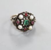 An Arts & Crafts white metal , gem and split pearl set cluster ring,size P. gross weight 5.3 grams.