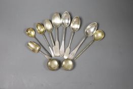 Nine assorted 19th century and later Russian 84 zolotnik spoons and a similar pair of salts,11.5oz.