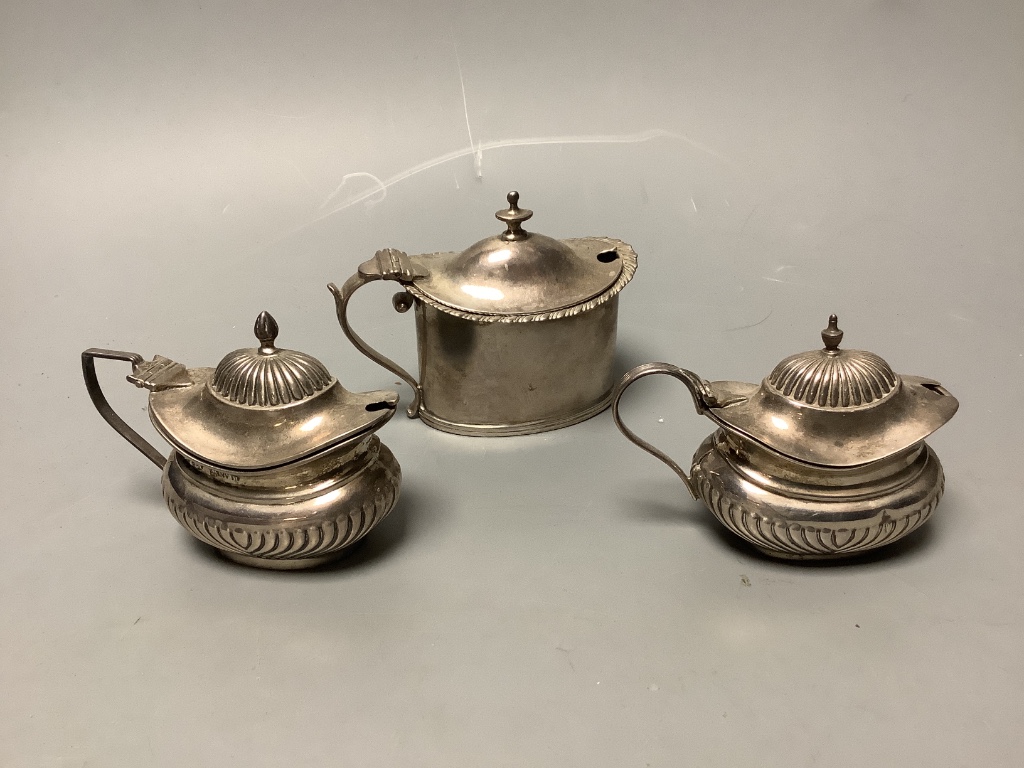 Three assorted silver mustard pots, a silver mounted glass scent bottle and Georgian silver salt. - Image 2 of 3