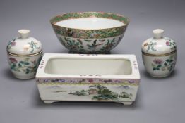 A Chinese circular famille rose bowl, a rectangular landscape-decorated planter and a pair of small