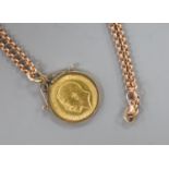 A 1914 half sovereign in 9ct gold mount on 9ct gold belcher chain,gross weight 16.1 grams.