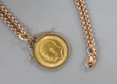 A 1914 half sovereign in 9ct gold mount on 9ct gold belcher chain,gross weight 16.1 grams.