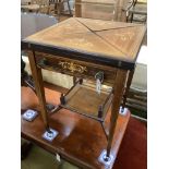 An Edwardian marquetry inlaid rosewood envelope card table, width 55cm, depth 55cm, height 74cm