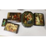 5 Russian Papier mache boxes, decorated with historical scenes, the largest 21 cm