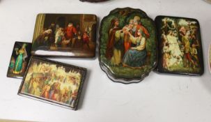 5 Russian Papier mache boxes, decorated with historical scenes, the largest 21 cm