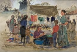 Margaret Milnes (1908-1998), two watercolours, Market Scene, Portugal and Fishermen, Portugal,the